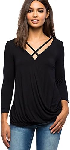 Mixmax Women Long Sleeve Cross Front Shirts Deep V Neck Surplice Wrap Tunic Tops (Black, Large)