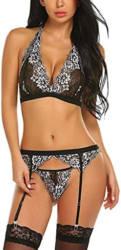 Fiaya Women Lace Sexy 1/2/3 PCS Lingerie Straps Bra and Pants Garter Set Hollow Out Babydoll Underwear Bodysuit