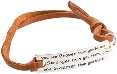 Inspirational Jewelry Bracelet – You are Braver & Stronger Than You Think Quote – Silver Charm Wrap – Engraved Sayings for Inspiration, Motivation for Women, Men, Teens, Girls.