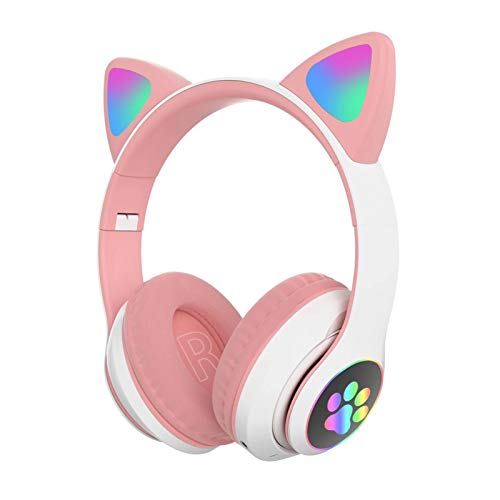 UXELY Girl Wireless Gaming Headset, Cute Cat Ear Headset with LED Lights, Noise Cancelling Stereo Gaming Headphones, Fashion Bluetooth 5.0 Headset for Gaming Headset Cute Headphones For Girls Wireless Headphones RGB