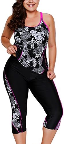 Bdcoco Women's Race Neck Boyleg Floral Pant Surf Swimwear Tankini Swim Suit S-4XL