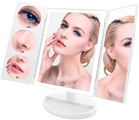 ASCINATE Large LED Lighted Makeup Mirror (X-Large Model), Trifold Vanity Mirror with 10X/5X/3X Magnification, Touch Screen, 360° Free Rotation, Double Power Supply, Countertop Cosmetic Mirror (White)