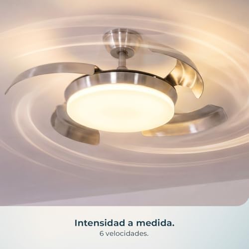 Ventilador de Techo con Luz con Aspas Retráctiles EnergySilence Aero 4500 Puzzle Invisible Black&DarkWood. 30W, Motor DC, Diámetro 42", Luz LED, Mando, Temporizador, Función Verano/Invierno
