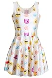 Women's Girls Summer Digital Emoji Icons Printed Flared Pleated Tank Skater Dress Sundress