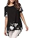 Anself New Fashion Women Chiffon Blouse Embroidery Crew Neck Short Sleeve Loose Fit Casual Tops White/Black L