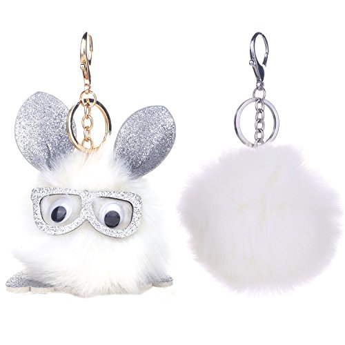 BodyJ4You 2PCS Pom Pom Faux Fur Keychain Fluffy Fox Ball Purse Wallet Car Key Clasp Ring Set