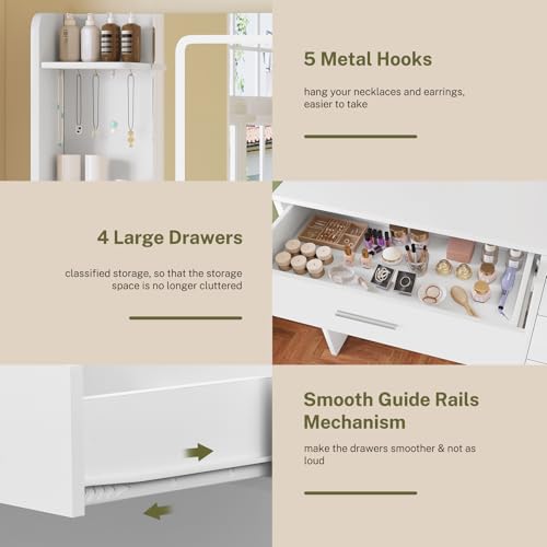 TEENFON Vanity Desk with Large Mirror & Adjustable LED Lights, Makeup Vanity with Power Strip & 5 Jewel Hooks, Dressing Table with 4 Drawers & 6 Open Shelves for Bedroom, White