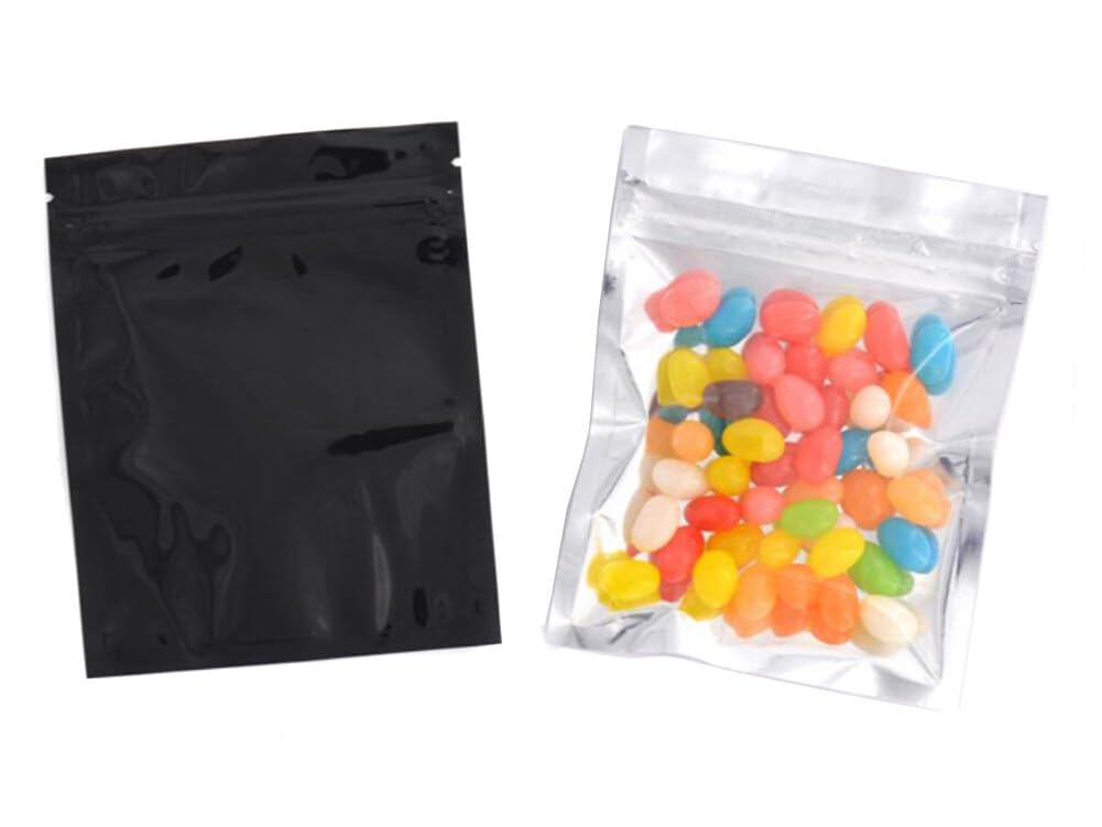 100 Pcs Reclosable 10.2x12.7cm/4x5inch Clear Colorful Mylar Foil Flat Ziplock Bag Sample Pouch Heat Sealable Aluminum Foil Bags Food Storage Coffee Candy Foil Grip Seal Wrap (Black)