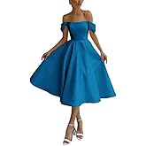 KISKEZ A Line Off Shoulder Tea Length Satin Wedding Dresses for Bride, White Homecoming Cocktail Party Dress