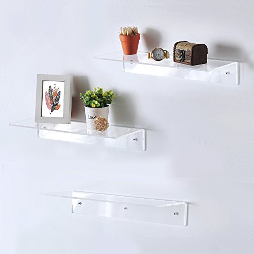 17 Inch Clear Acrylic Floating Shelves, Wall Mounted Modern Display Racks, Set of 3