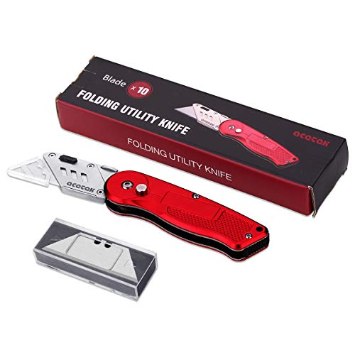 acetek Utility Knife Box Cutter,Pocket Folding Utility Knives Retractable with 10pcs Stainless Steel Blades, Belt Clip, Safety Quick Change Blade and Lock-Back Design - Thumbnail 5