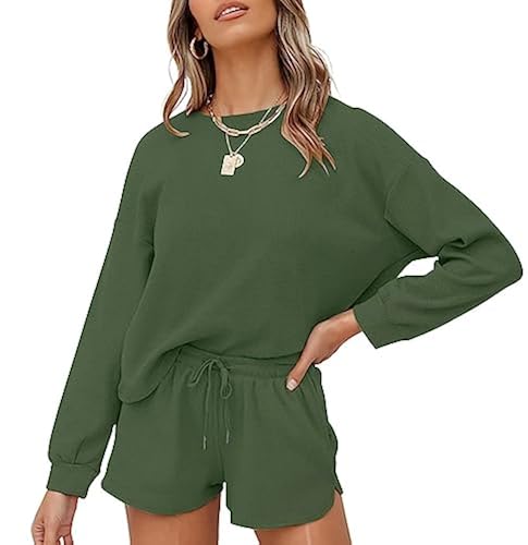 ZESICA Women's Waffle Knit Long Sleeve Top and Shorts Pullover