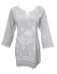 Mogul Women's White Hand-Embroidered Cotton Shirt Tunic Top Blouses L