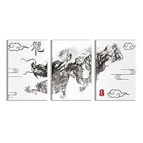3 Plane Canvas Wall Art - Traditional Chinese Dragon Ink Painting Restroom - Modern Home Art Stretched and Framed Ready to Hang - 16"x24" x 3 Panels