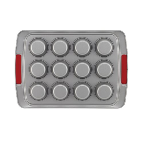 Cake Boss Deluxe Bakeware Nonstick 12-Cup Covered Muffin Pan, Gray with Red Silicone Grips