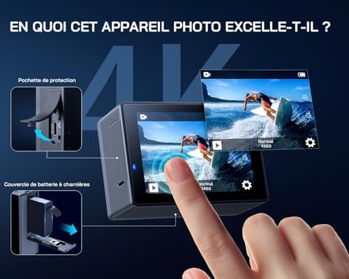 GA300 Caméra Action 4K, Étanche 40m avec Carte Mémoire 32 Go, WiFi 60FPS 24MP, Zoom 8X + Grand Angle 170° EIS, Télécommande 2.4G, Écran Tactile, 2X Batteries 1350mAh