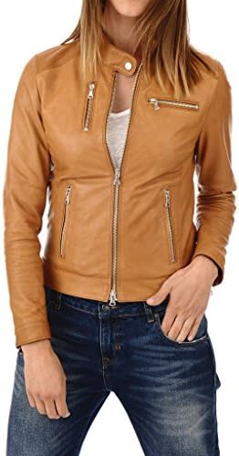 Leather Scan Women's Lambskin Leather Moto Bomber Biker Jacket Large Tan