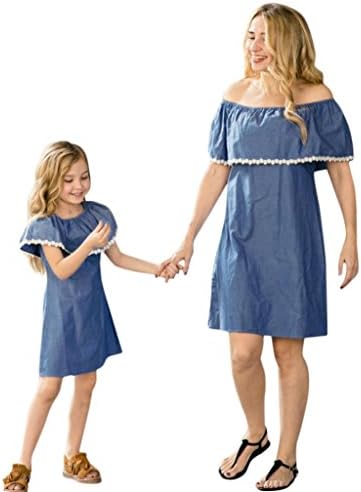 HOT Selling Mommy ＆Me Off Shoulder Lace Splice Denim Dress Family Matching Clothes