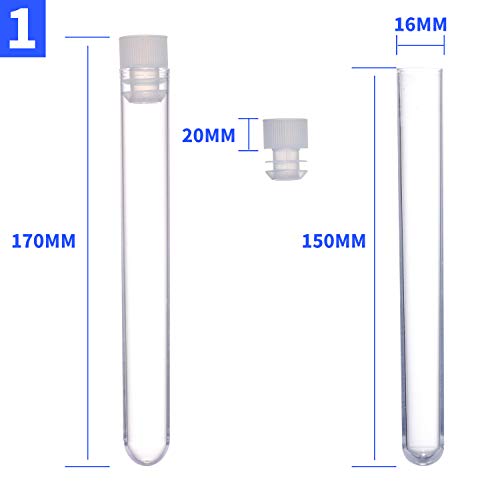 Young4us Test Tube Set, 50 Pcs Plastic PP Test Tubes in 16x150mm, 16x125mm and 16x100mm 3 Sizes with White Caps and Tube Rack (Pack of 50)