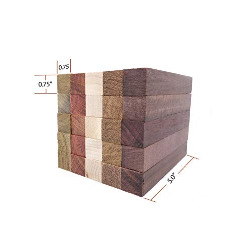 Exotic Wood Pen Blanks 25-Pack: Bloodwood, Mexican Ebony, Jatoba, Hard Maple, Ipe, 5 of Each Wood Type, 5 x 3/4 x 3/4 inches