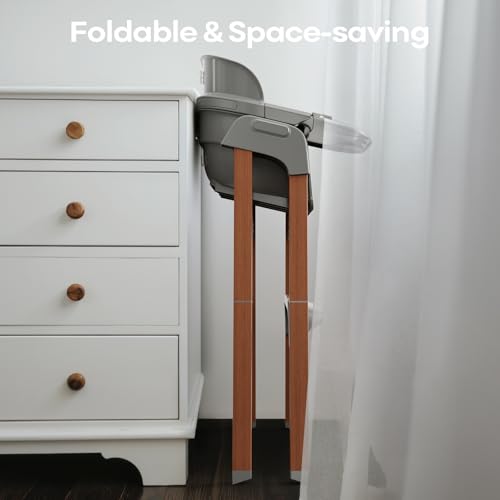 Fodoss Baby High Chair, Foldable Convertible, 5-Point Harness, Easy Clean Wood-Printed Metal Frame with Removable Tray, for Family (Gray & Walnut Wood-Printed Metal)