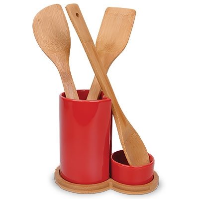 Utensil Holder And Spoon Rest With Bamboo Utensils
