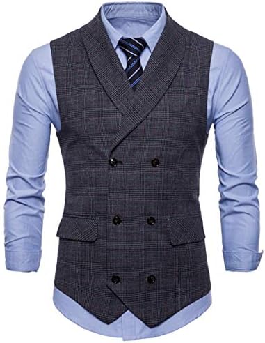 Men's Formal Suit Vest Waistcoat Casual Plaid Double-Breasted Vest Jacket Slim Fit Business Vest Fmeijia