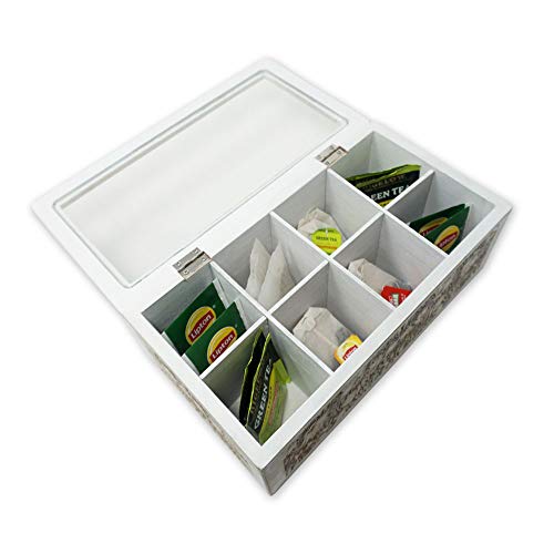 gbHome GH-6746 Decorative Home Decor Wood Tea Box, 10.75â€ x 5.75â€™â€™ x 4,â€™â€™ Eight Compartments, Rustic, Antique Distressed Wood Organizer for Sewing Supplies, Jewelry, Beads, Hair Accessories and More!