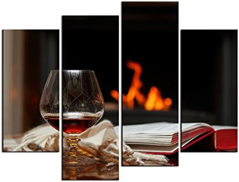 SmartWallArt - Wine Paintings Wall Art Red Wine and Open Book in Front of the Fireplace 4 Pieces Picture Print on Canvas for Modern Home Decoration