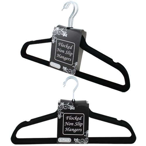 AMOS Flocked Non Slip Velvet Closet Clothes Coat Garment Hangers With Trouser Bar Hanger Dress Rail Space Saving Saver Storage 5PC Set (Black)