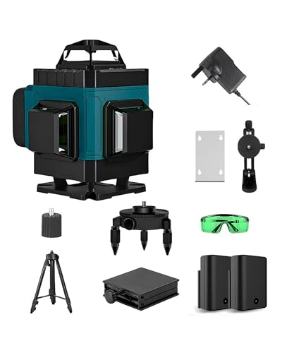 Laser Level, Self Leveling Laser Level 4D 16 Line 360° Green, Tripod & Wall Mount, Remote, Lift Platform, 2×2400mAh, IP54, ±0.2mm/10m