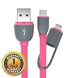I Phone , Android, Smartphone Charging and Data Sync Cable, 2 in 1 (Pink)