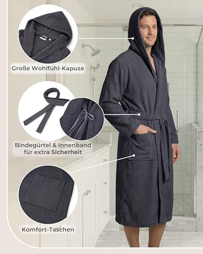 LAYNENBURG Men's Terry Towelling Bathrobe Made of 100% Cotton – Oeko-Tex Standard – Soft Dressing Gown Calf Length with Hood, Tie Belt and Patch Pockets – Ideal for Sauna and Home (M-XXXL)