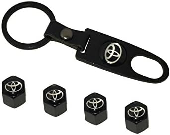 Tele Design Combo Set with Stainless Steel Black Tire Stem Valve Caps and Black Keychain For Toyota Car Enthusiast