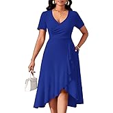 MarryUP Women's Summer Casual Dress Wrap Short Sleeve Semi-Formal Ruffle Hem Ladies Dress for Wedding Guest