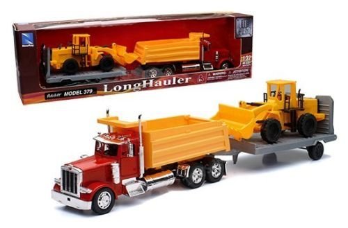 NewRay New Ray 1: 32 Longhauler - Peterbilt Model 379 Dump Truck with Flatbed Trailer & Backhoe Tractor Diecast Vehicles
