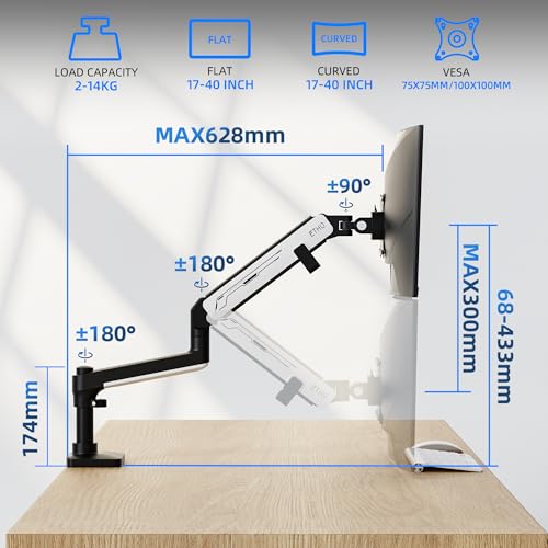 ETHU Monitor Stand, 2-14KG Heavy Duty Gas Spring Monitor Arm with Height Adjustment & Tilt, VESA Desk Mount with Dual Installation Options for 17-40 inch Screens, VESA 75x75/100x100, Black