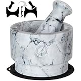 Mortar and Pestle Set Marble - 5.5 Inch, 17 Oz - Unique Double Sided - Pestle and Mortar Bowl Solid Stone Grinder - Guacamole Mortar and Pestle Large - INCLUDED: Silicone Lid/Mat and Spoon