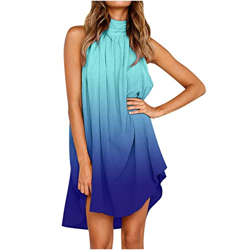 Women\'s Summer Halter Sleeveless Dress Loose Flowy Pleated Mini Dress Irregular Hem High Neck Dress Beach Dress