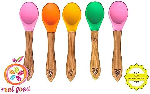 Baby Feeding Spoons Set (5 Pack) - Gum-Friendly First Stage Bamboo Weaning Spoons with Soft Silicone Tips for Babies - BPA, Phthalate, Plastic &amp; Lead Free - Great Infant Gift