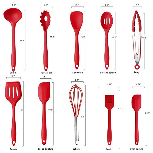Cooking Utensils - Kitchen Utensil Set - Cooking Tools 10+1 Piece - Silicone Kitchen Utensils with Serving Tongs,Spoon,Spatula Tools,Pasta Server,Ladle,Whisk and Free Spoon Rest Gift(Red)