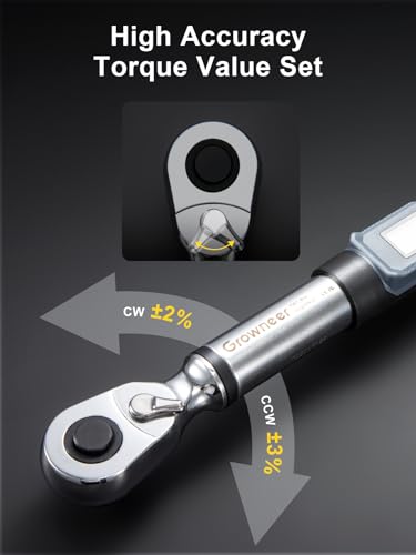 GROWNEER Digital Torque Wrench, 7.38-147.5 Ft-lbs/10-200 nm, 1/2'' Drive Inch Pound Rachet with Buzzer & Colorful LED Indicator, Electronic Torque Wrench Set for Bike Motor Car Auto Repair