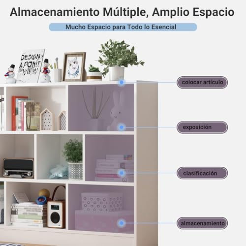 Librero de 10 Compartimentos, 3 Repisas Librero Organizador, Librería Vertical de Pie, Librería Cubby Sencilla Blanco Para Exposición, Almacenaje, para Sala,Oficina,Dormitorio, 120*104*24 CM