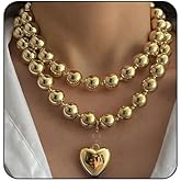 Bestleey Chunky Gold Heart Necklace for Women Large Round Bead Beaded Necklace Layered Love Choker Necklaces Stackable Punk Thick Chain Pendant Bold Statement Jewelry Gift