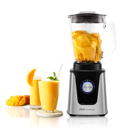 Ufesa Moonstone Blender, 1500W Power, 1.5L Glass Jug, Speed Controller with LED Lights, Ice Cube Crusher, 6 Titanium Removable Blades, 2 Speeds + TURBO