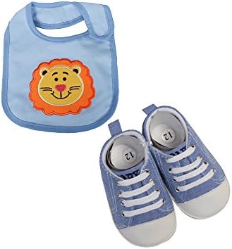 Babies Bloom Infant Baby Boy Sky Blue Denim Crib Shoes with Blue Lion Shaped Bib (Size 12)
