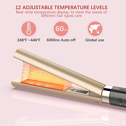 Flat Iron for Hair,GOOLEEN Professional Ceramic Hair Straightener 1 Inch Tourmaline 3D Floating Plates,2 in 1 Hair Curler and Straightener with Dual Voltage LED Display Adjustable Temperature 248-446℉