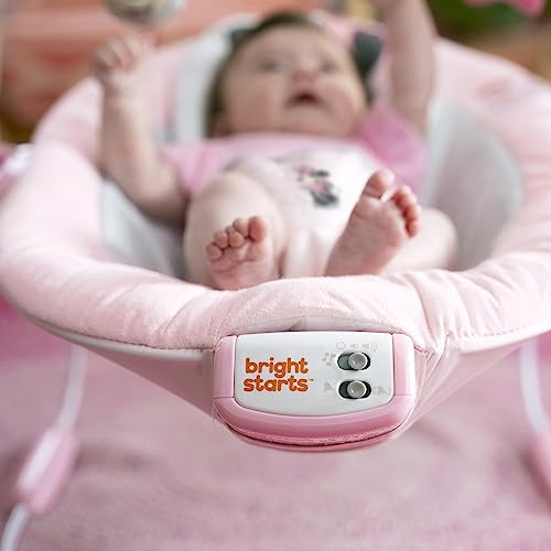 Bright Starts Disney Baby Minnie Mouse Comfy Baby Bouncer Soothing Vibrations Infant Seat - Music, Removable -Toy Bar, 0-6 Months Up to 20 lbs (Rosy Skies)