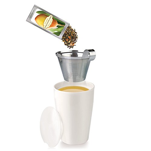 Tea Forté KATI Cup Ceramic Tea Brewing Cup with Infuser Basket and Lid for Steeping, Loose Leaf Tea Maker, Orchid White - Thumbnail 3