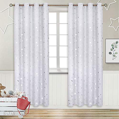 BGment Nursery Curtains for Kids Room, Star and Moon Room Darkening Curtains for Girls Boys Bedroom, BlackoutThermal Insulated Decoration Window Grommet Curtains, 2 Panels, 52 x 84 Inch, Greyish White